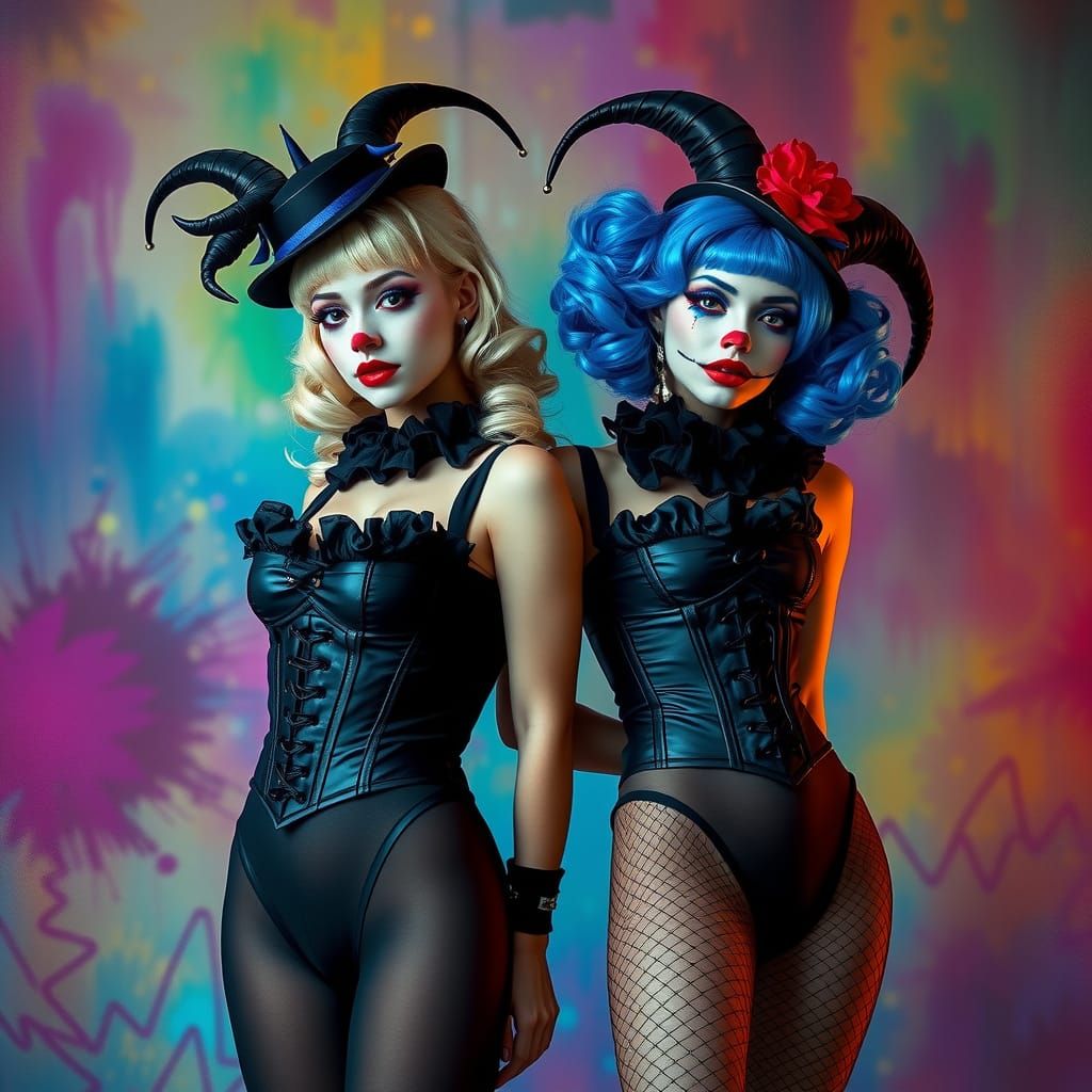 Clown Ladies in Cyberpunk Art Nouveau Style