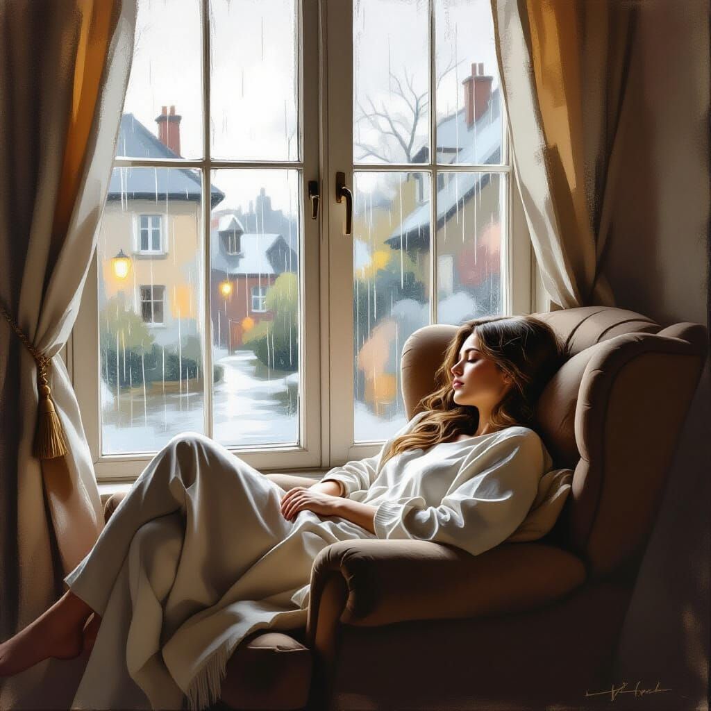 Peaceful Sleeper in Rainy Window Scene