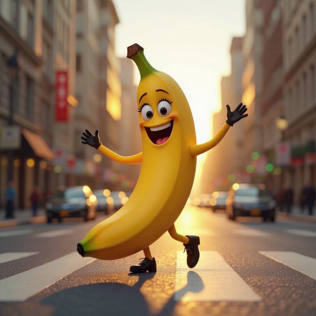 Dancing Banana in City Street at Golden Hour