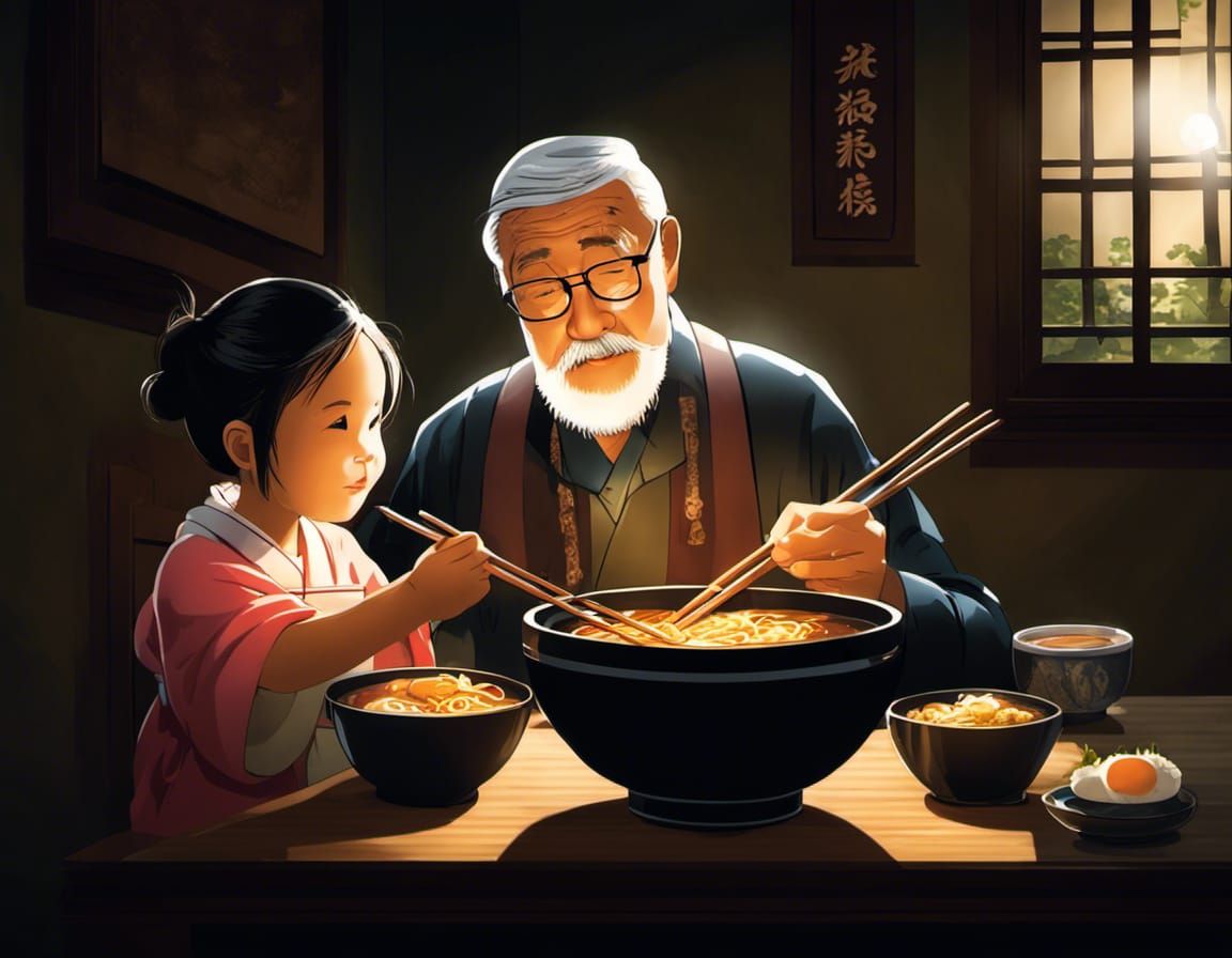 Grandfather and Granddaughter Share Ramen