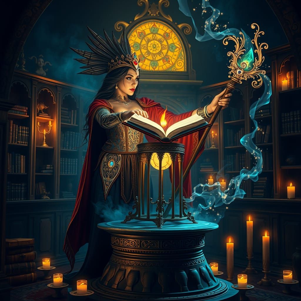 Mystical Caldero Scene with Bruja in Dark Academia