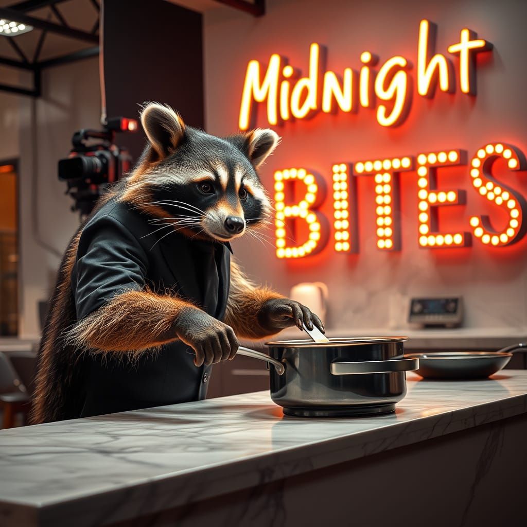Raccoon Chef Prepares Stew in Neon-Lit Studio