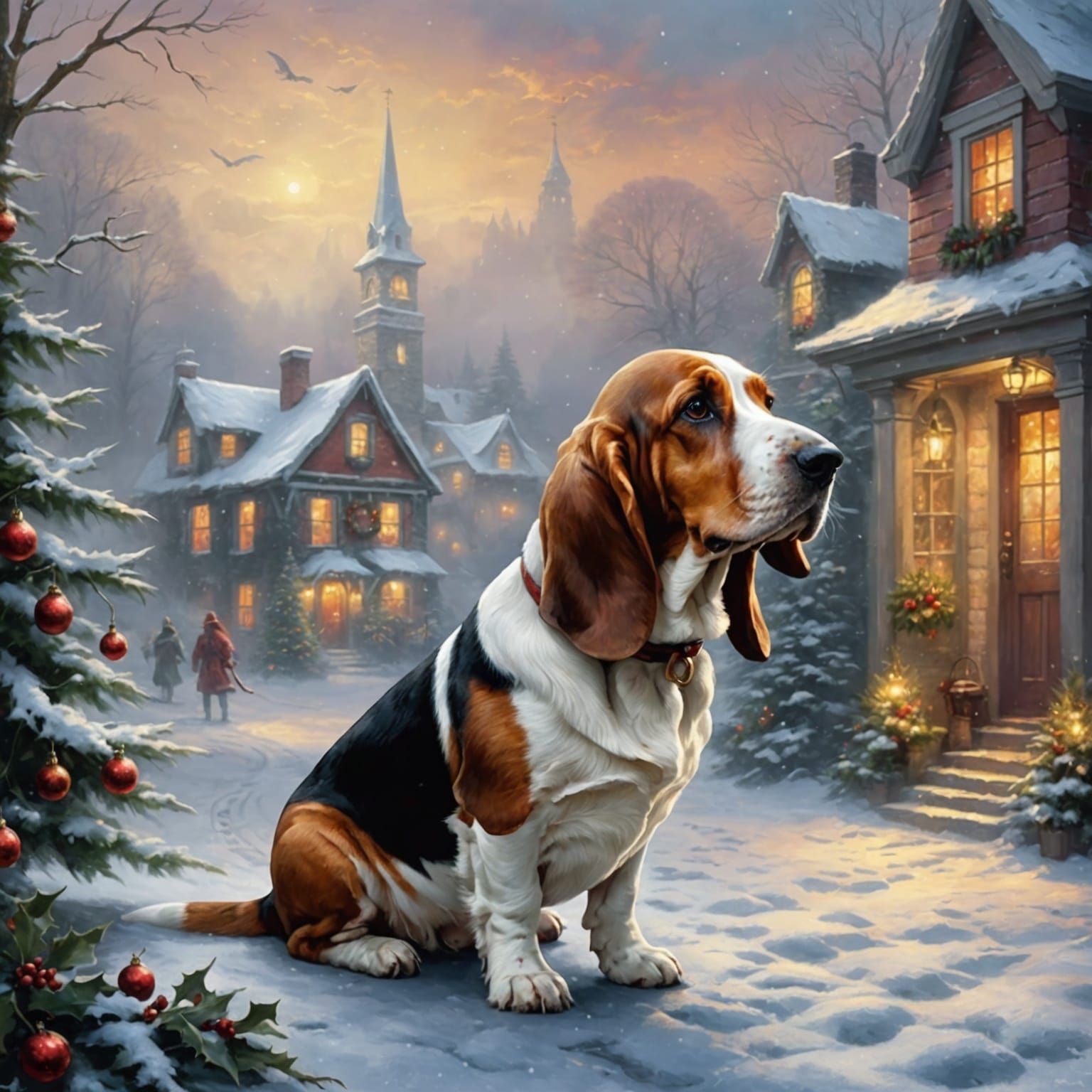 Basset Hound Christmas in Kinkade Style