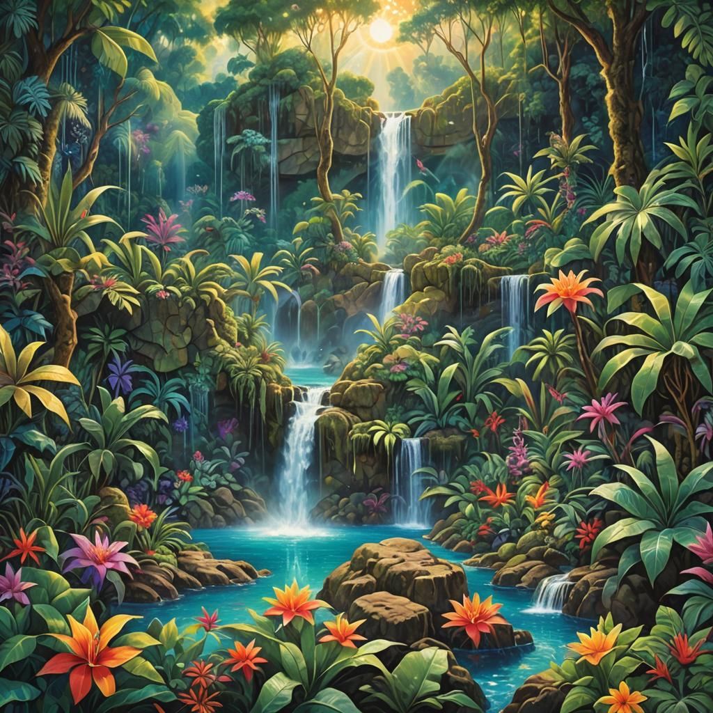 Ethereal Waterfall Scene with Tropical Flora