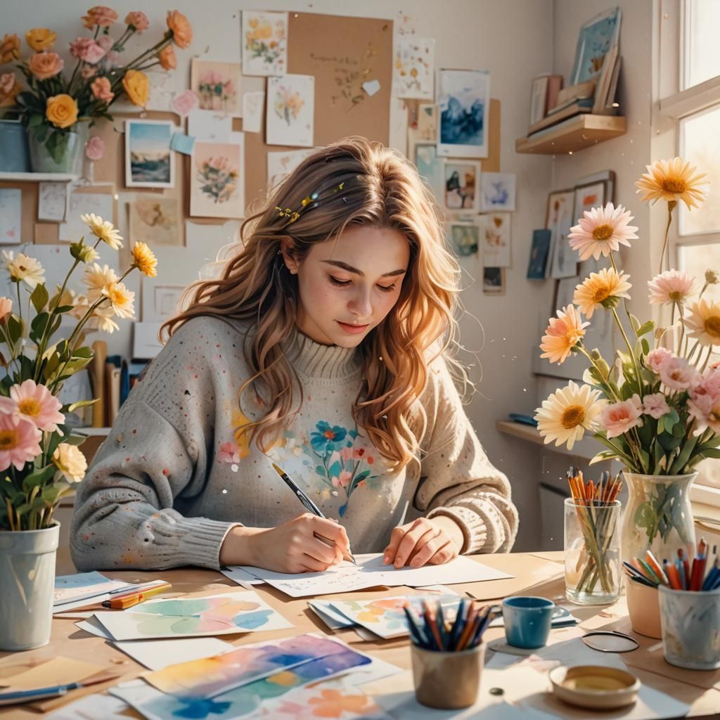 Woman Designs Greeting Cards in Watercolor Style