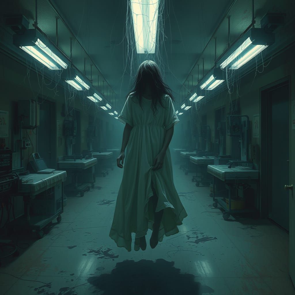 Ethereal Ghostly Figure in Haunting Hospital Corridors
