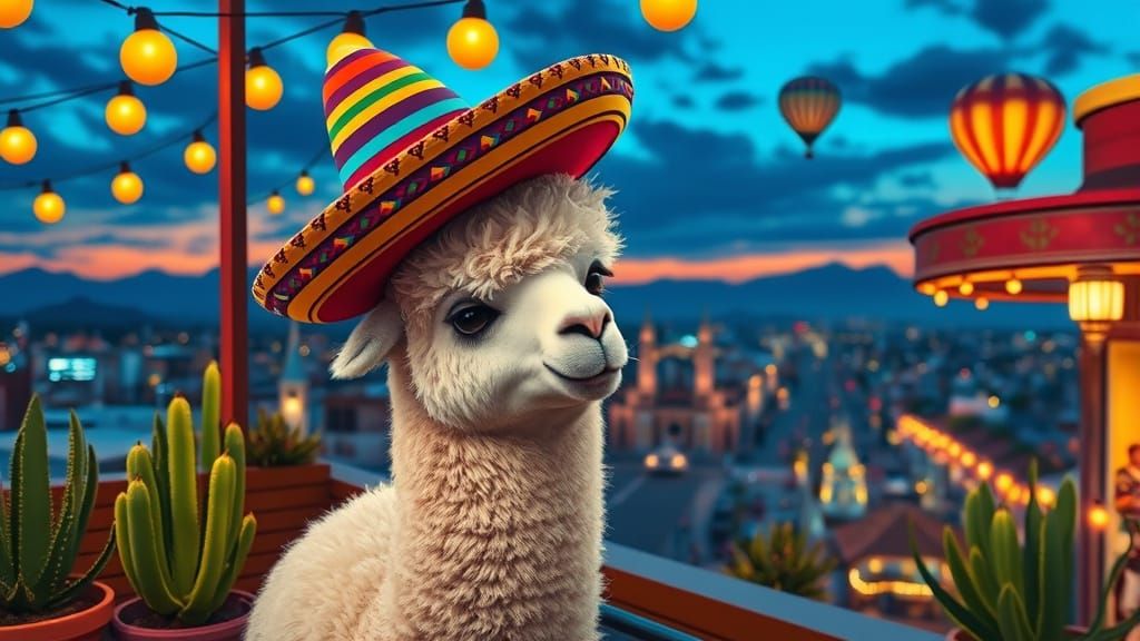 Alpaca with Sombrero in Pop-Art Ghibli Style