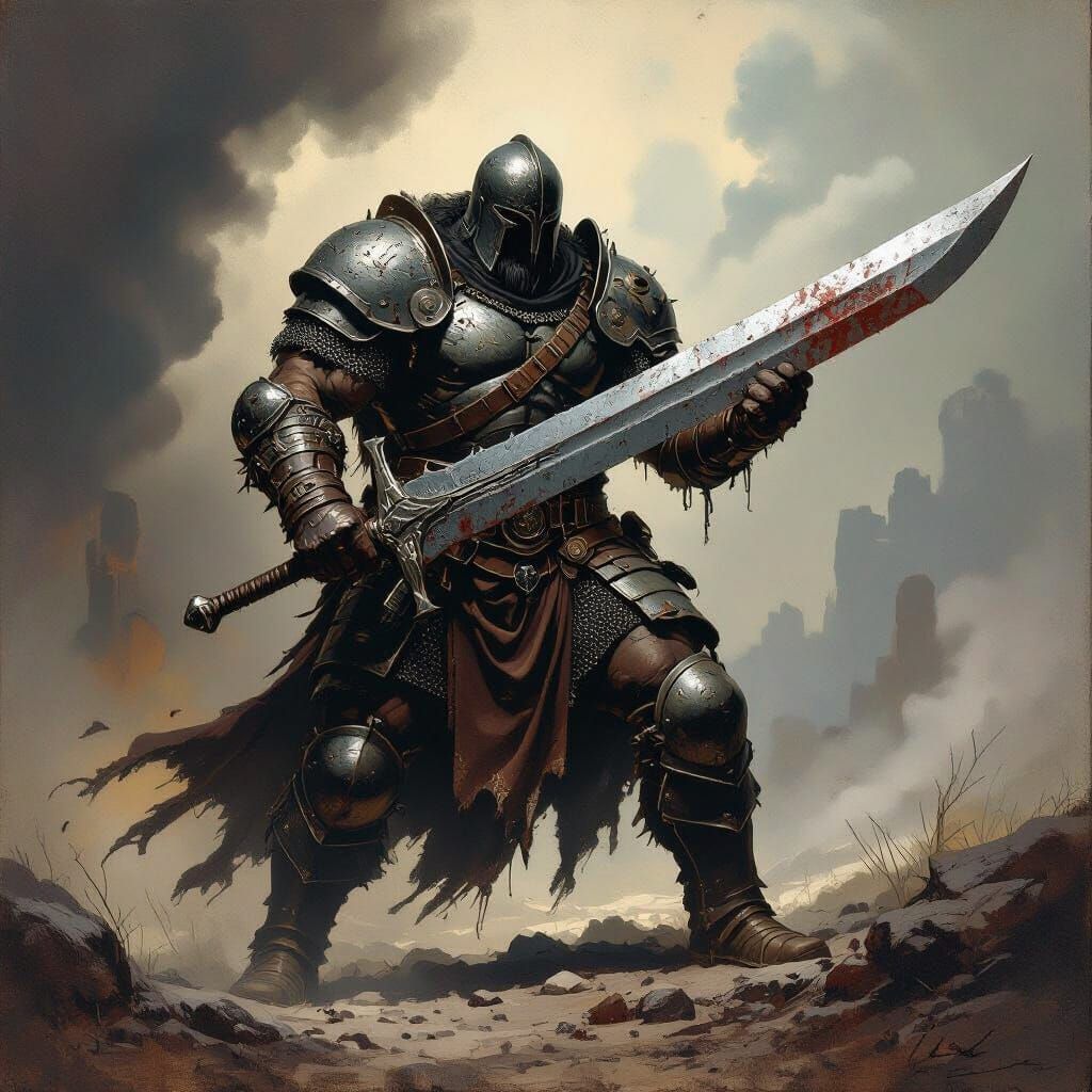 Dark Age Warrior with Sword in Fantasy Art Style
