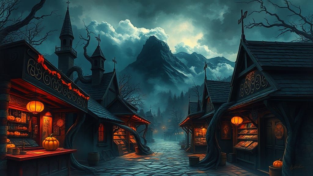 Eerie Transylvanian Halloween Market in Watercolor Style