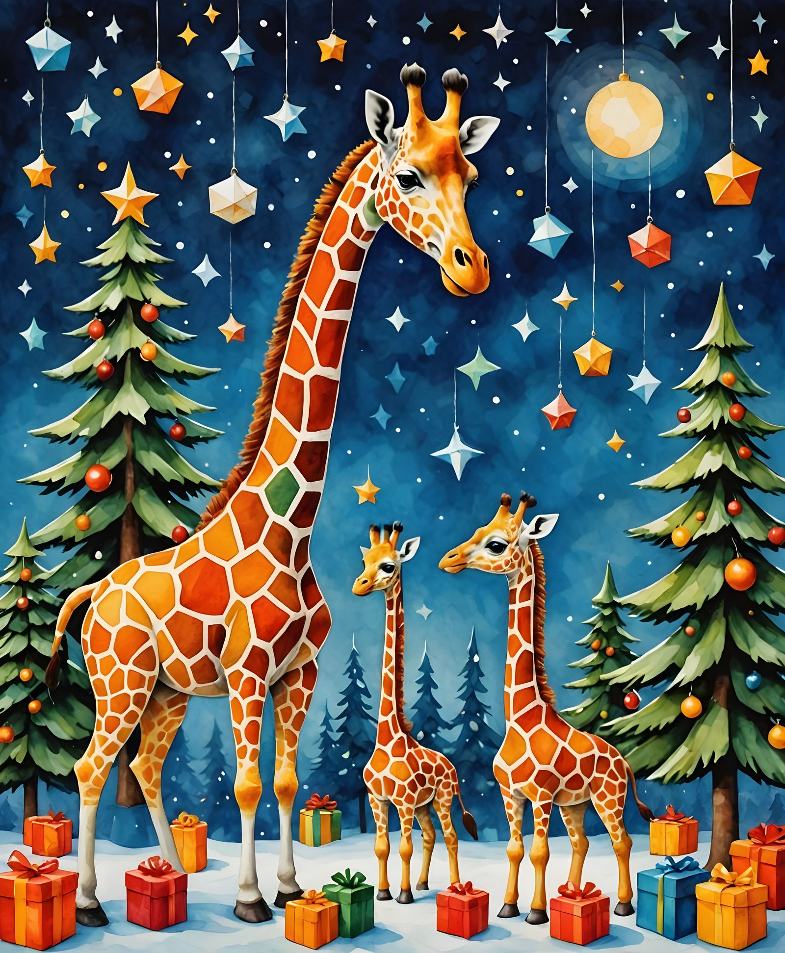 Giraffe in Vibrant Cubist Christmas Scene