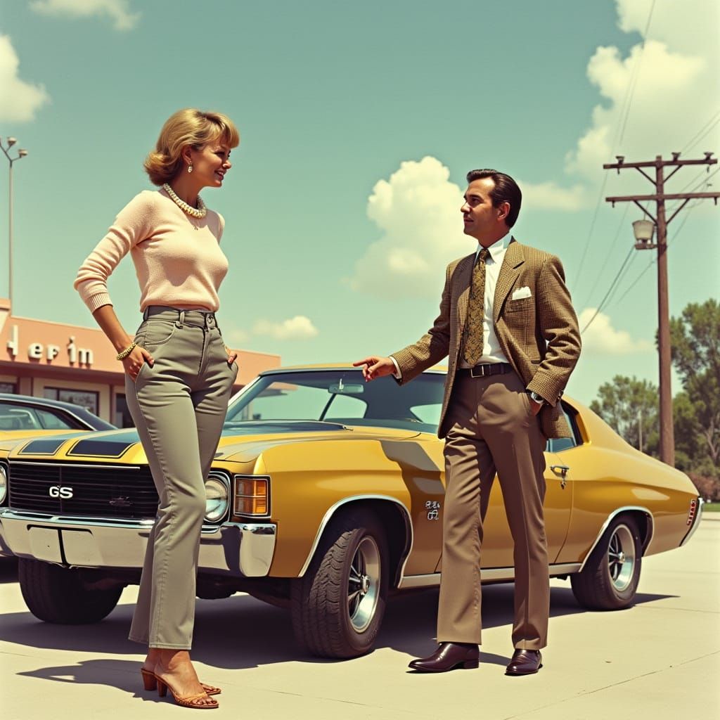 1970s Car Lot Scene in American Illustration Style