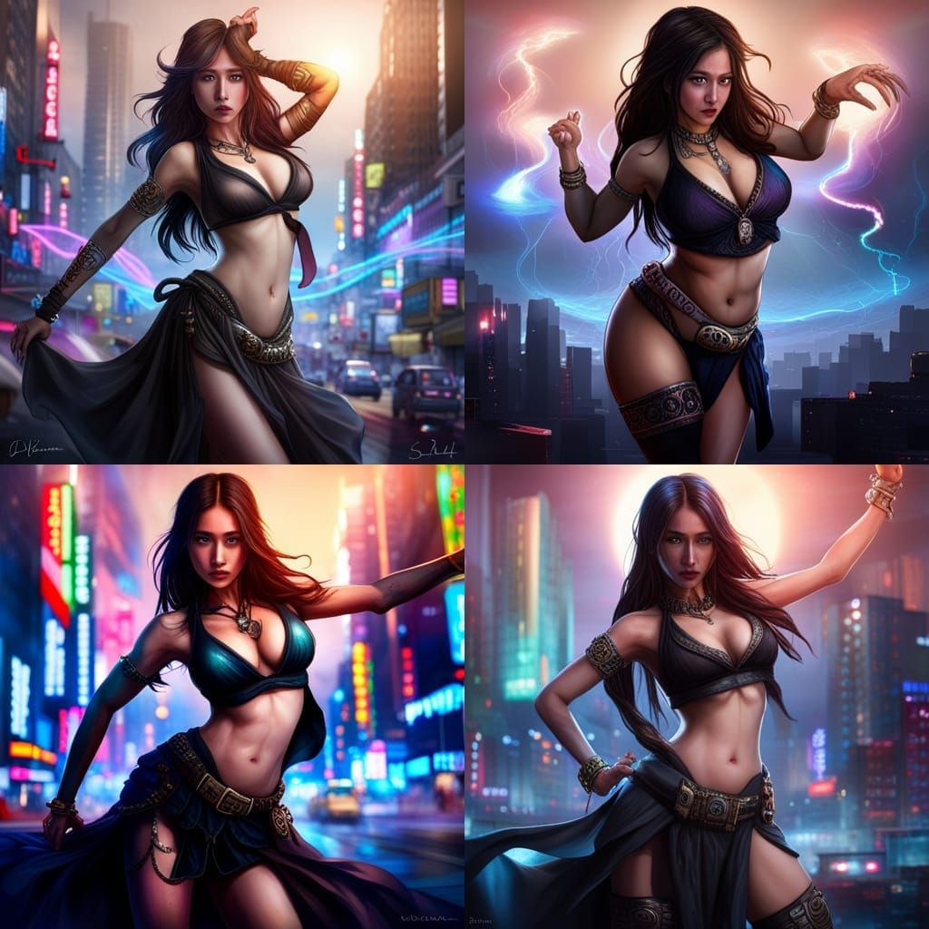 Cyberpunk Korean Belly Dancer in Neon Cityscape