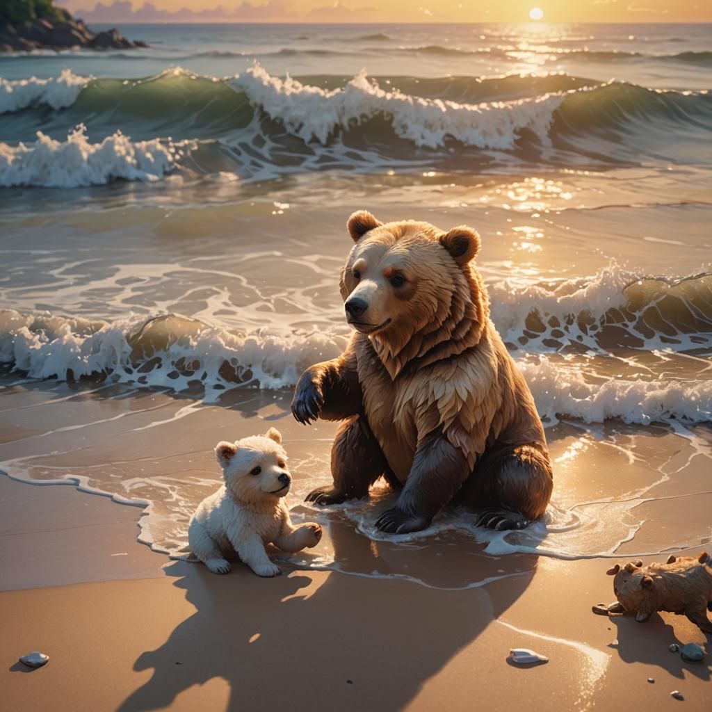 Anime Bear Family on Beach in 3D
