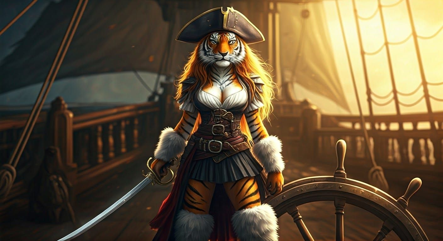 Regal Pirate Tigress in 18th-Century Pirate Ship