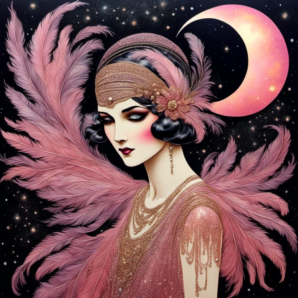 Enchanted Flapper Goddess Amidst Nebula Sunset