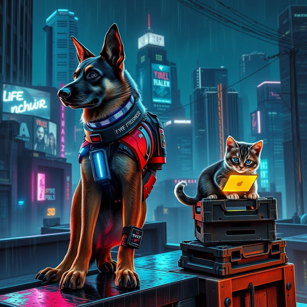 Cyberpunk Police Dog and Kitten Hacker Stand Guard in Neon C...