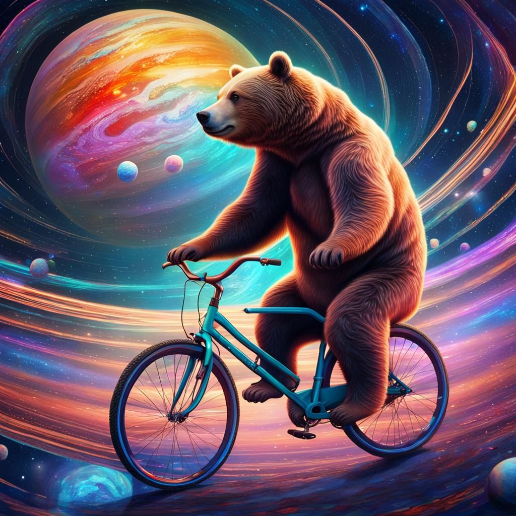 Cosmic Circus Bear Rides Bicycle on Saturn