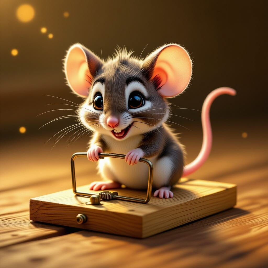 Whimsical Mouse on Vintage Trap in Cartoon Style