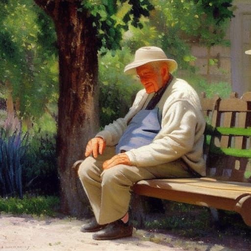 Elderly Man Feeding Pigeons, Oil Painting Style