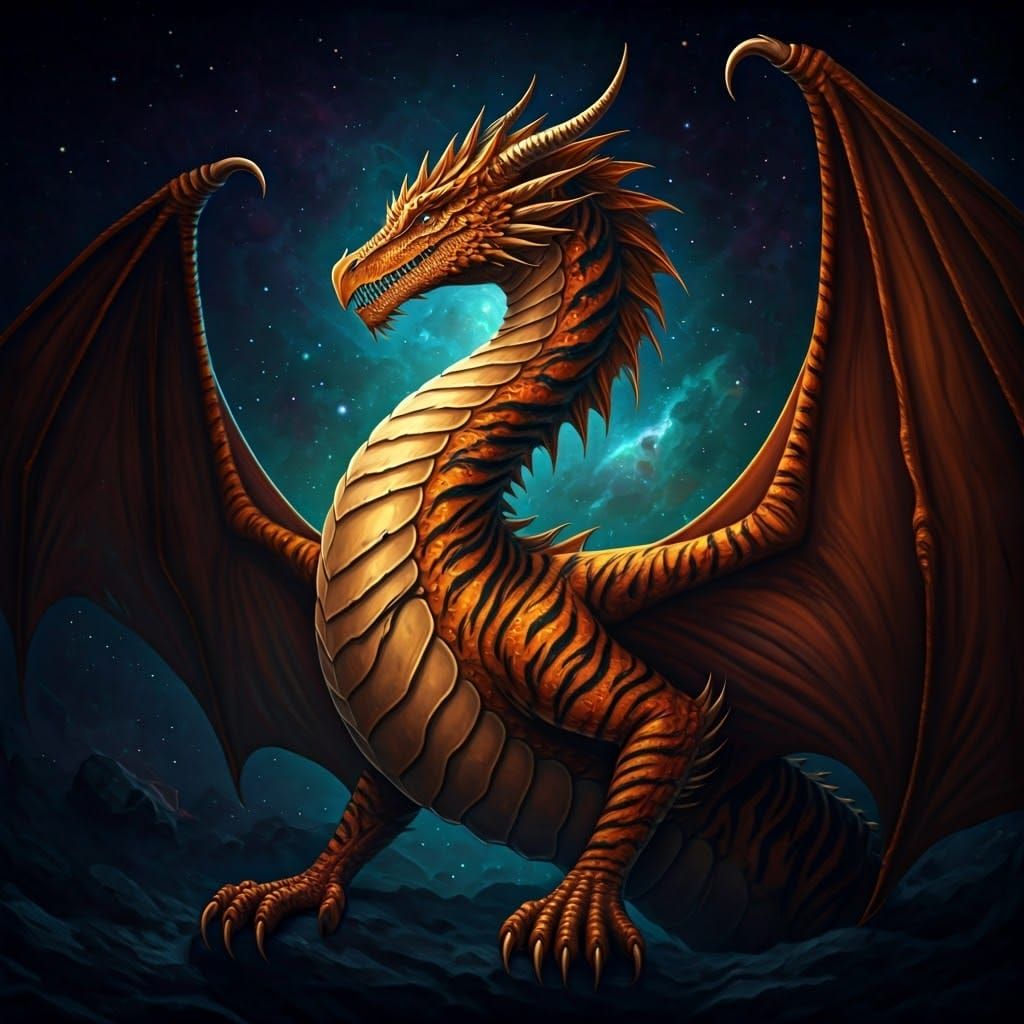 Vibrant Orange Dragon with Tiger Stripes in Cosmic Astral Se...