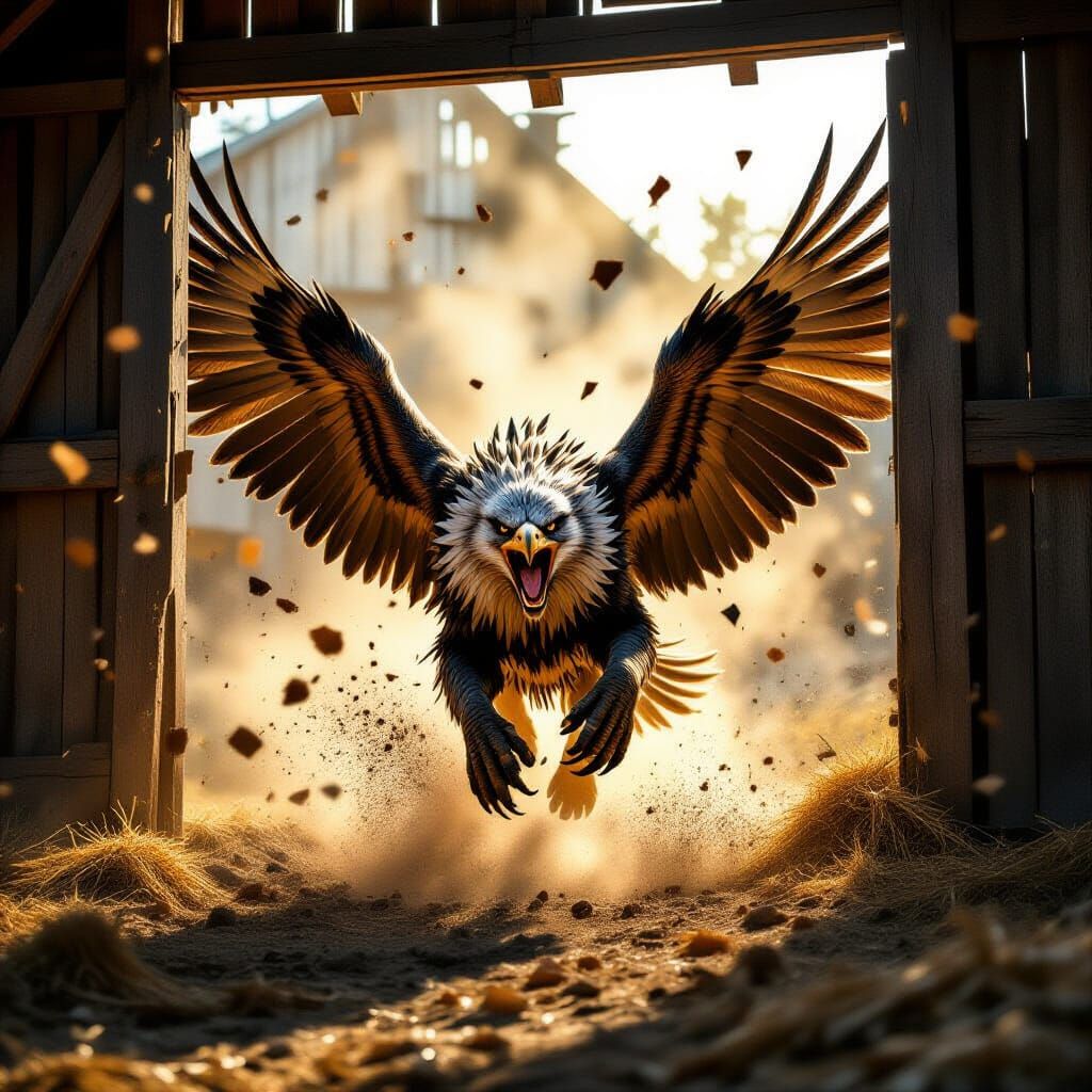 Gryphon Breaks Free From Barn in Photorealistic Fantasy Scen...