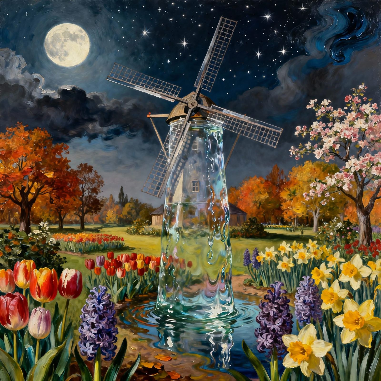 Surreal Liquid Windmill in Autumn Garden
