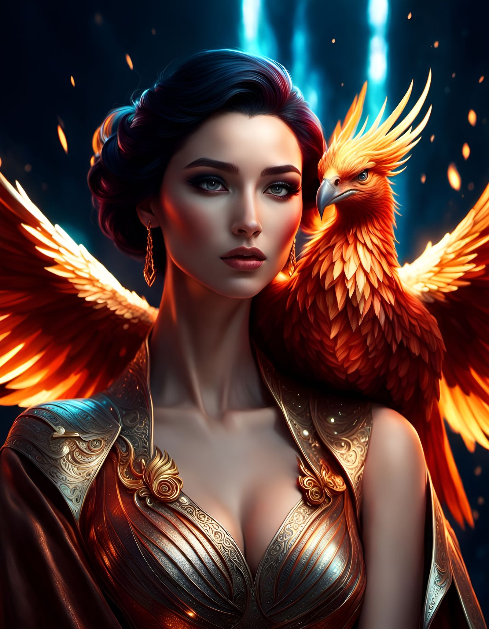 Girl's Selfie with Mythical Phoenix in Digital Art