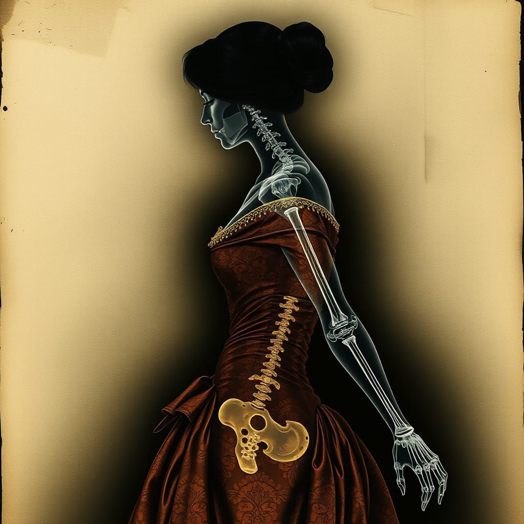 X-Ray Vector of Woman in Brocade Dress, Collage Style