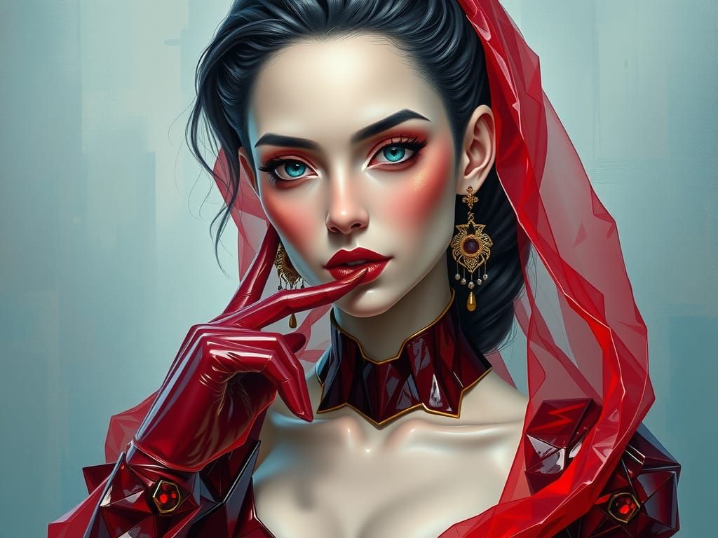 Ruby Woman: Futuristic Ambassador in Neo-Impressionist Style
