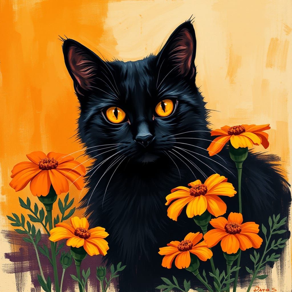 Black Cat Surrounded by Marigolds in Neo-Impressionist Linoc...