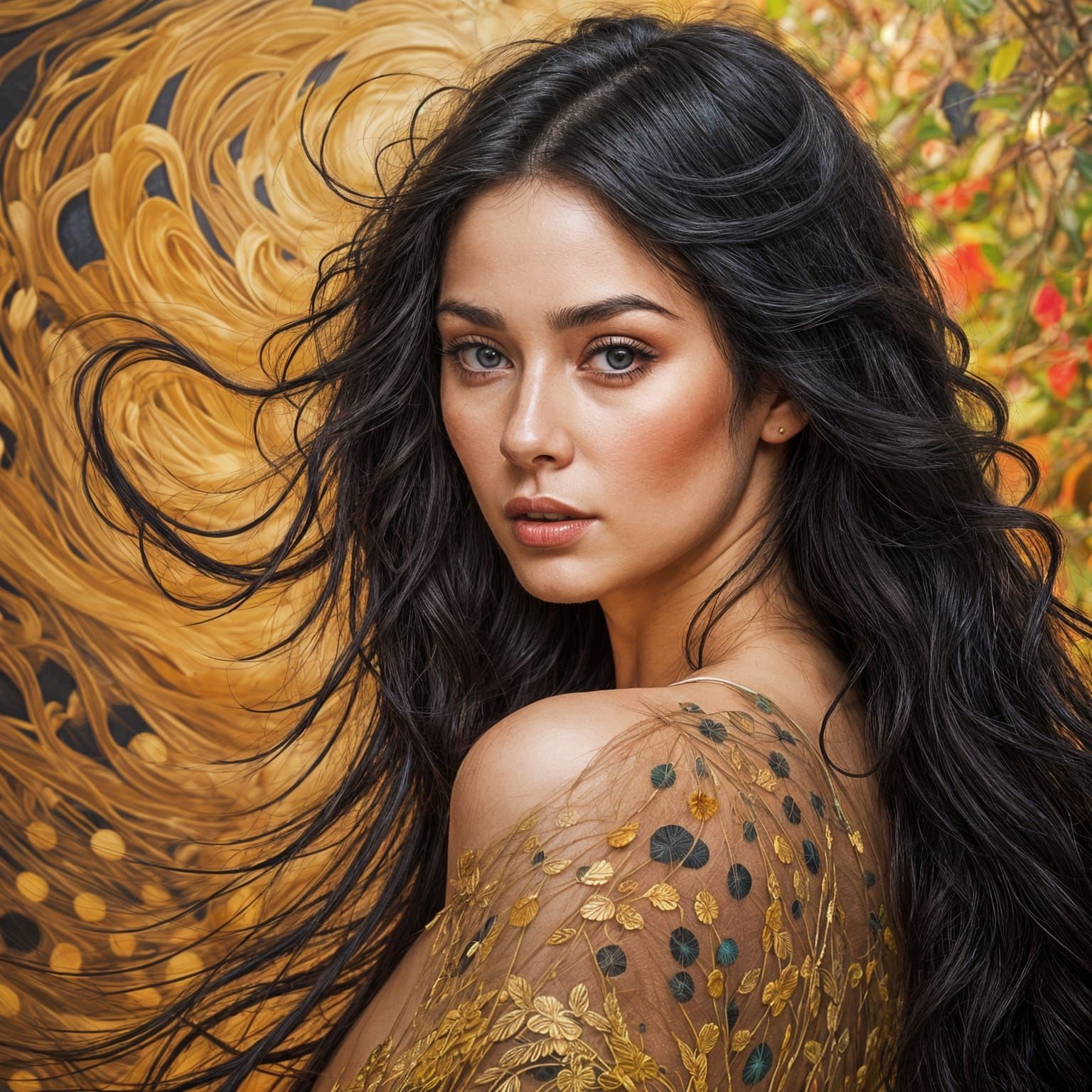 Sensuous Woman with Long Black Hair Portrait