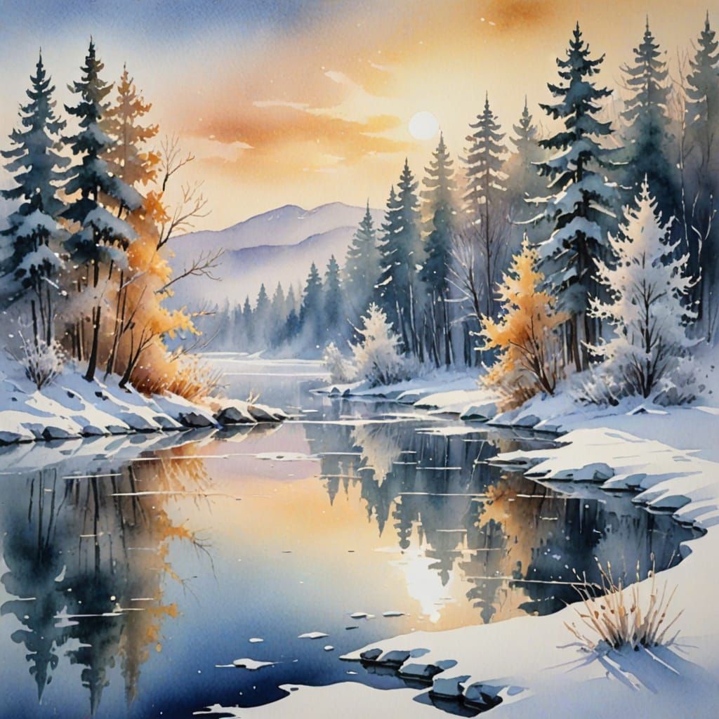 Serene Winter Landscape Watercolor Painting