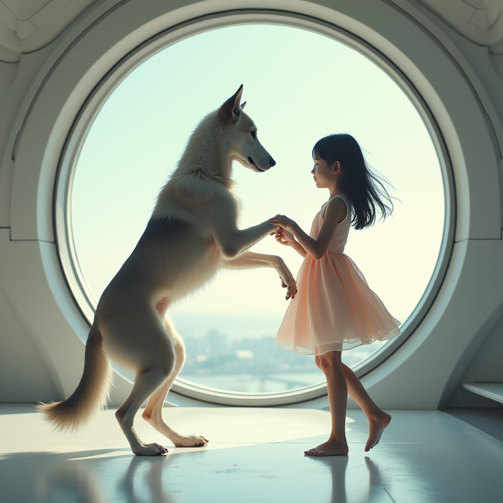 Woman and Dog Dancing in Futuristic Spaceship