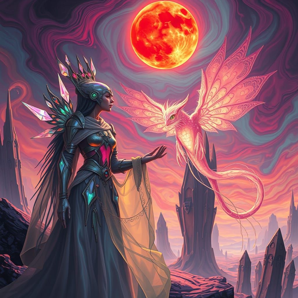 Whimsical Sci-Fi Encounter Under Crimson Moon