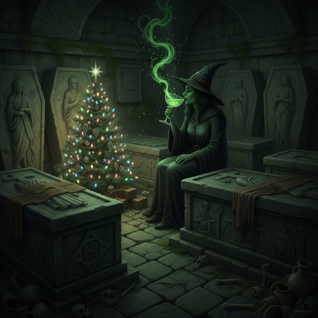 Witch Sips Potion in Dark Crypt Christmas Scene