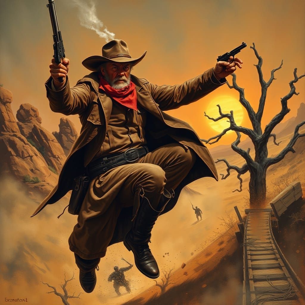 Cowboy Stops Train Robbery in Wyeth Style