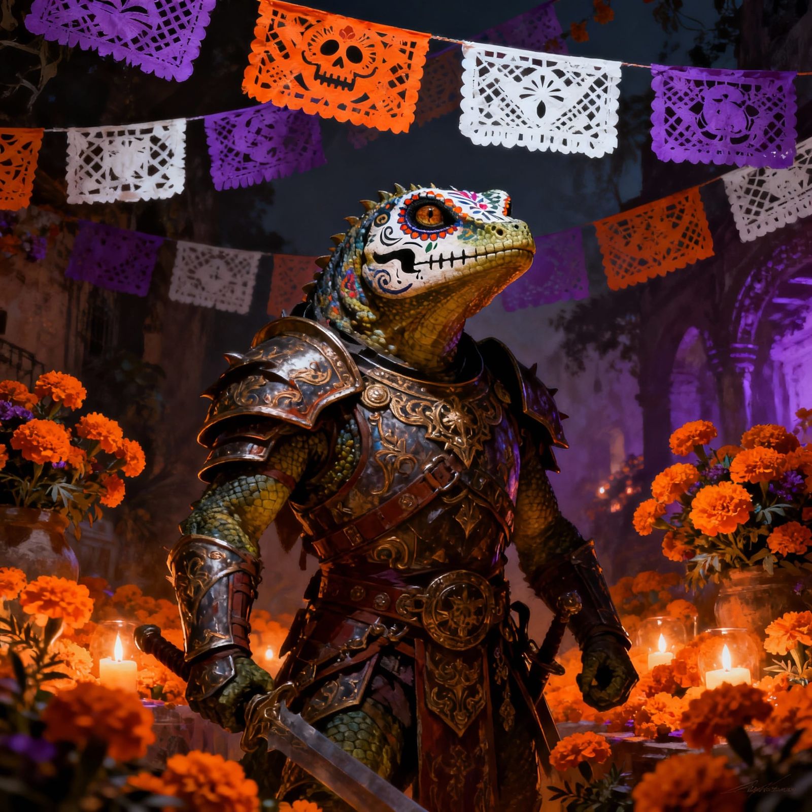 Lizard Warrior with Calavera Paint in Fantasy Art Style