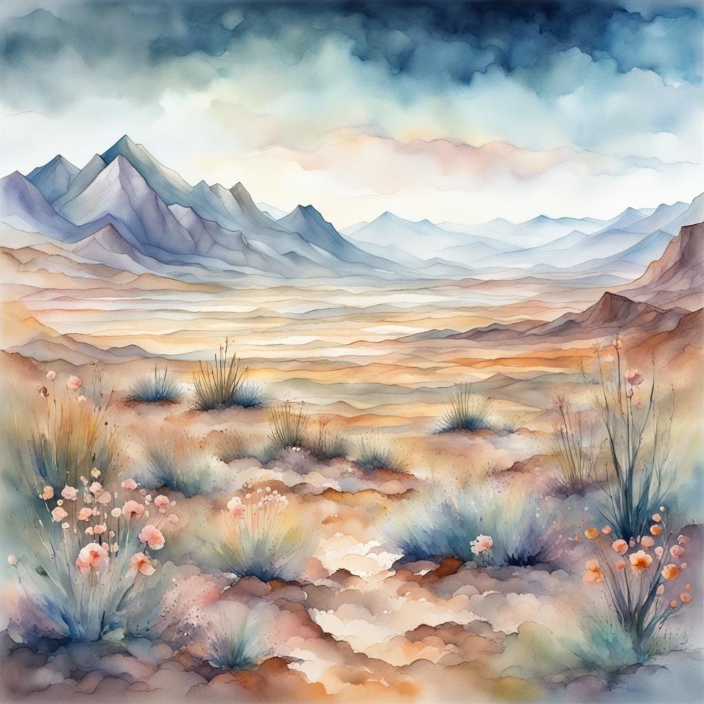 Layered Mountains in Distance, Desert Valley Floor Expansive...