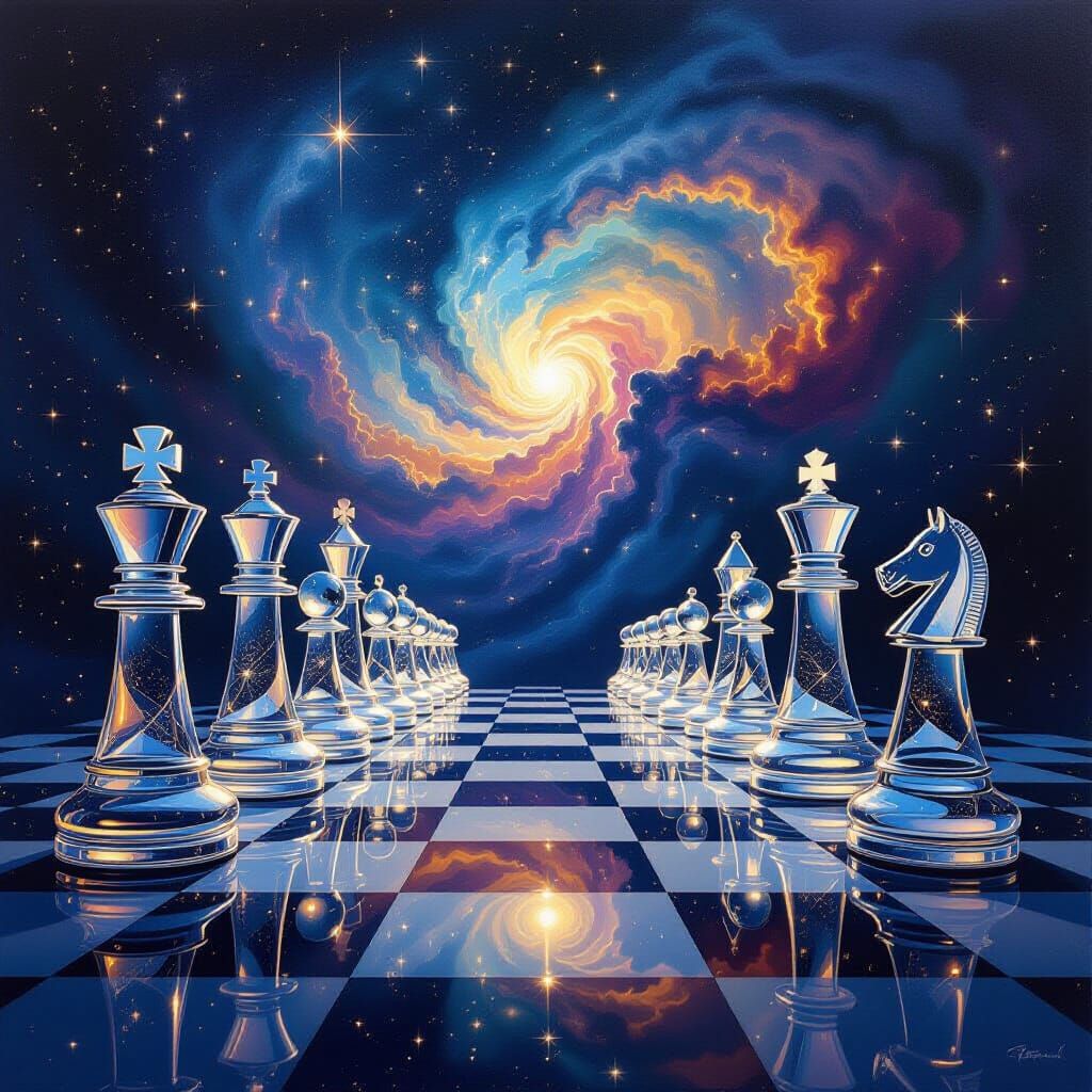 Cosmic Chessboard of Nebulae and Glass Pieces in Surreal Sty...