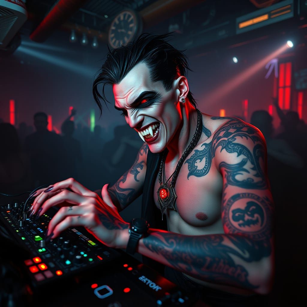 Cyberpunk Vampire DJ in Neon Underground Rave