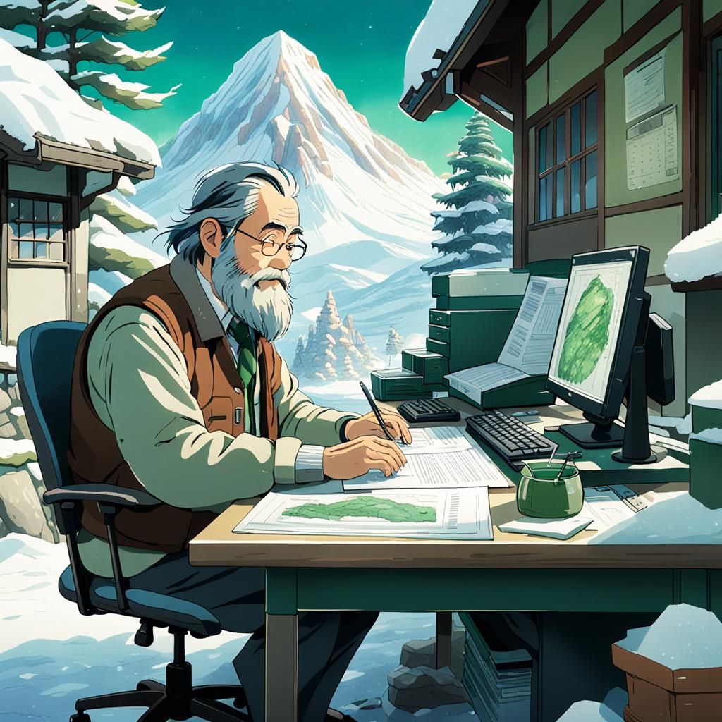Geologist Working in Snowy Office, Anime Style