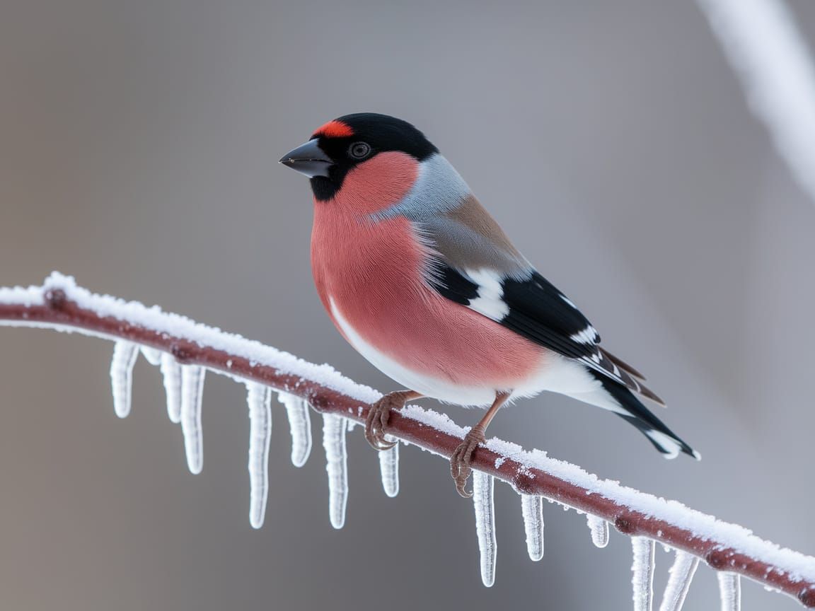 Vibrant Bullfinch on Frosty Branch
