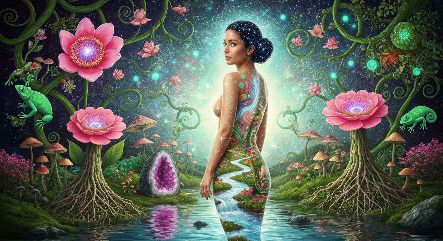 Ethereal Woman Merges with Nature in Psychedelic Eco-Art Sty...