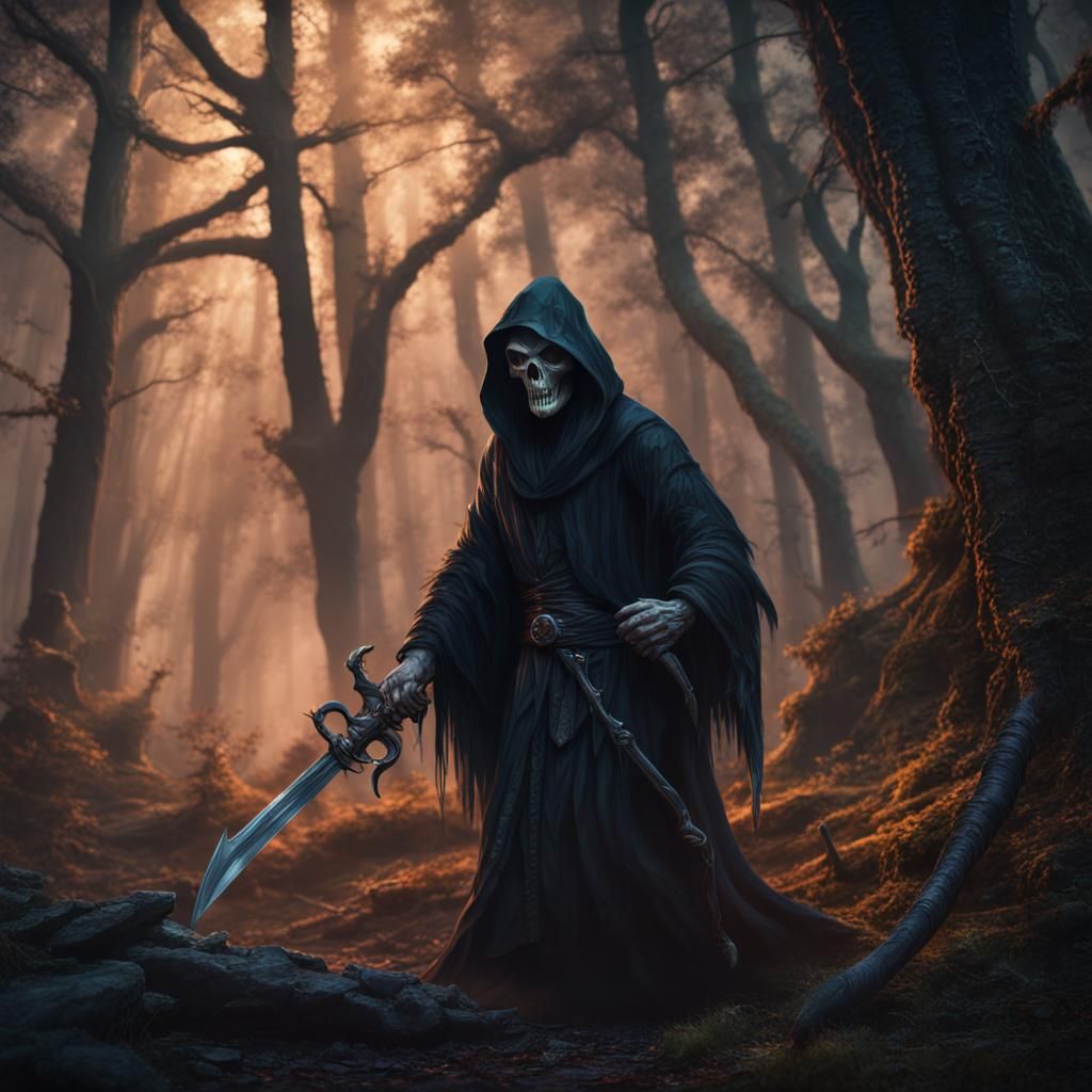 Grim Reaper in Dark Ancient Forest: Detailed Matte Painting