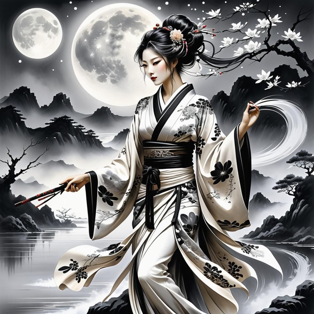 Elegant Japanese Girl Dancing by Moonlit River as Sumi-e