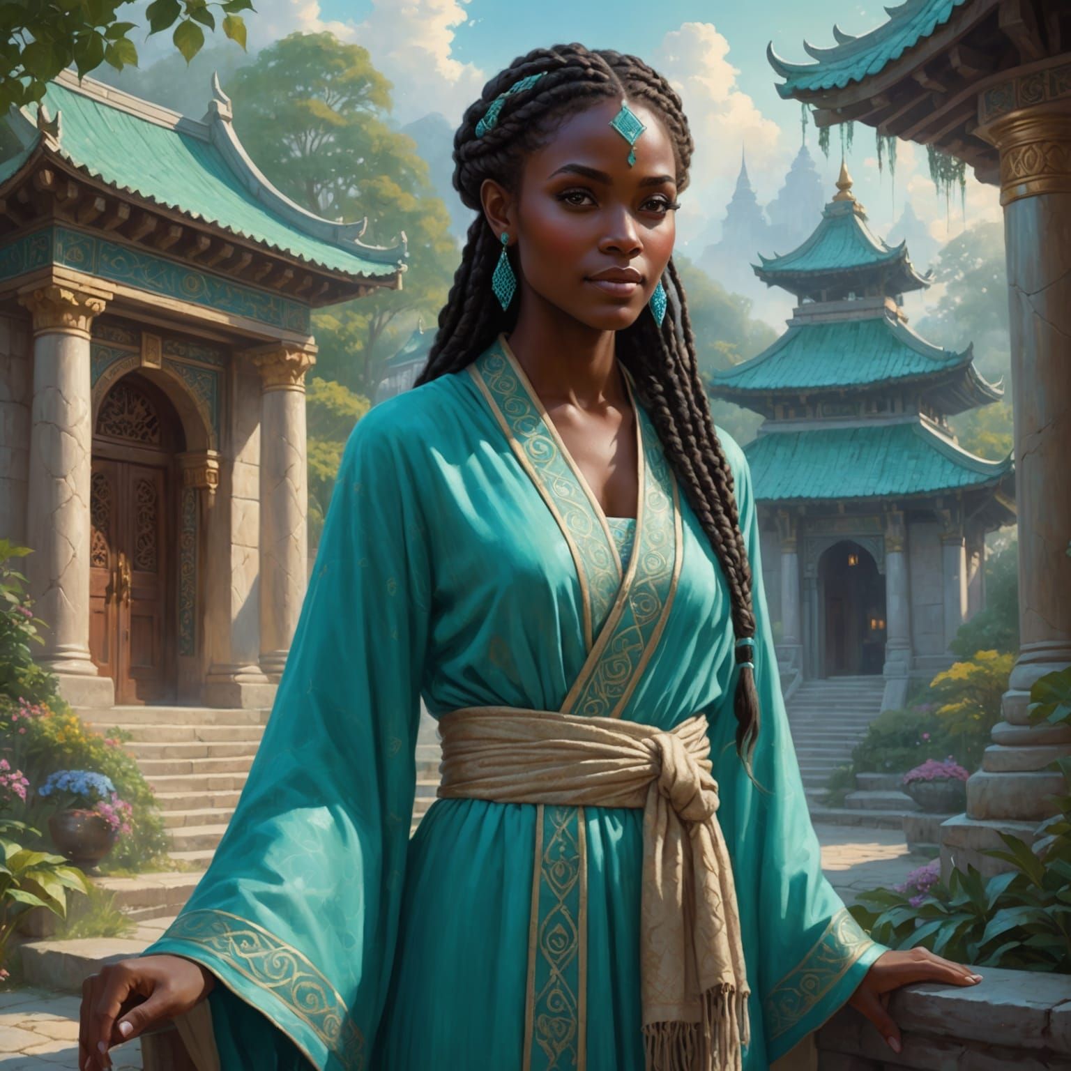 Half-Elf Woman at Oghma Temple in Ethereal Style