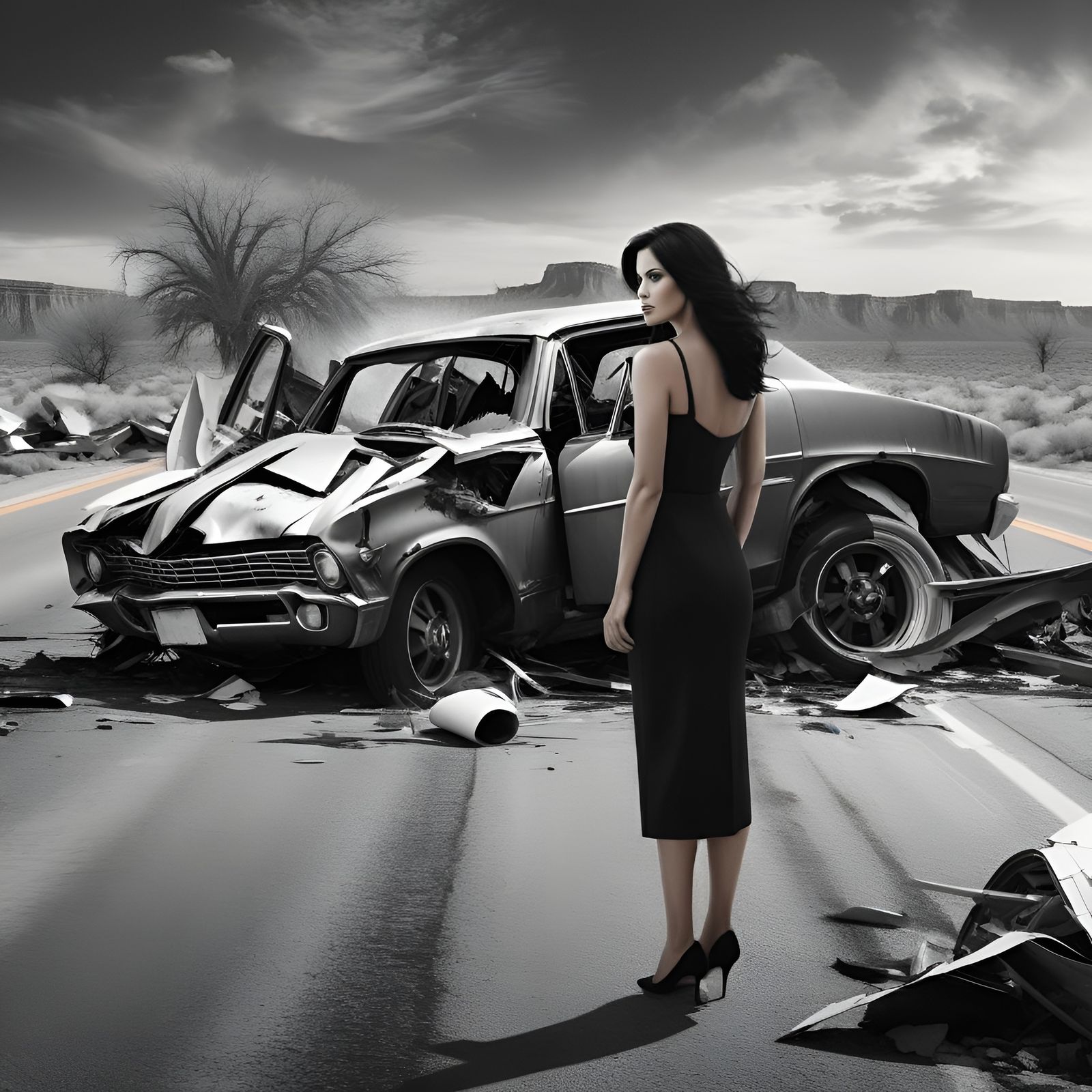 Woman at Car Crash: Black and White Matte Painting