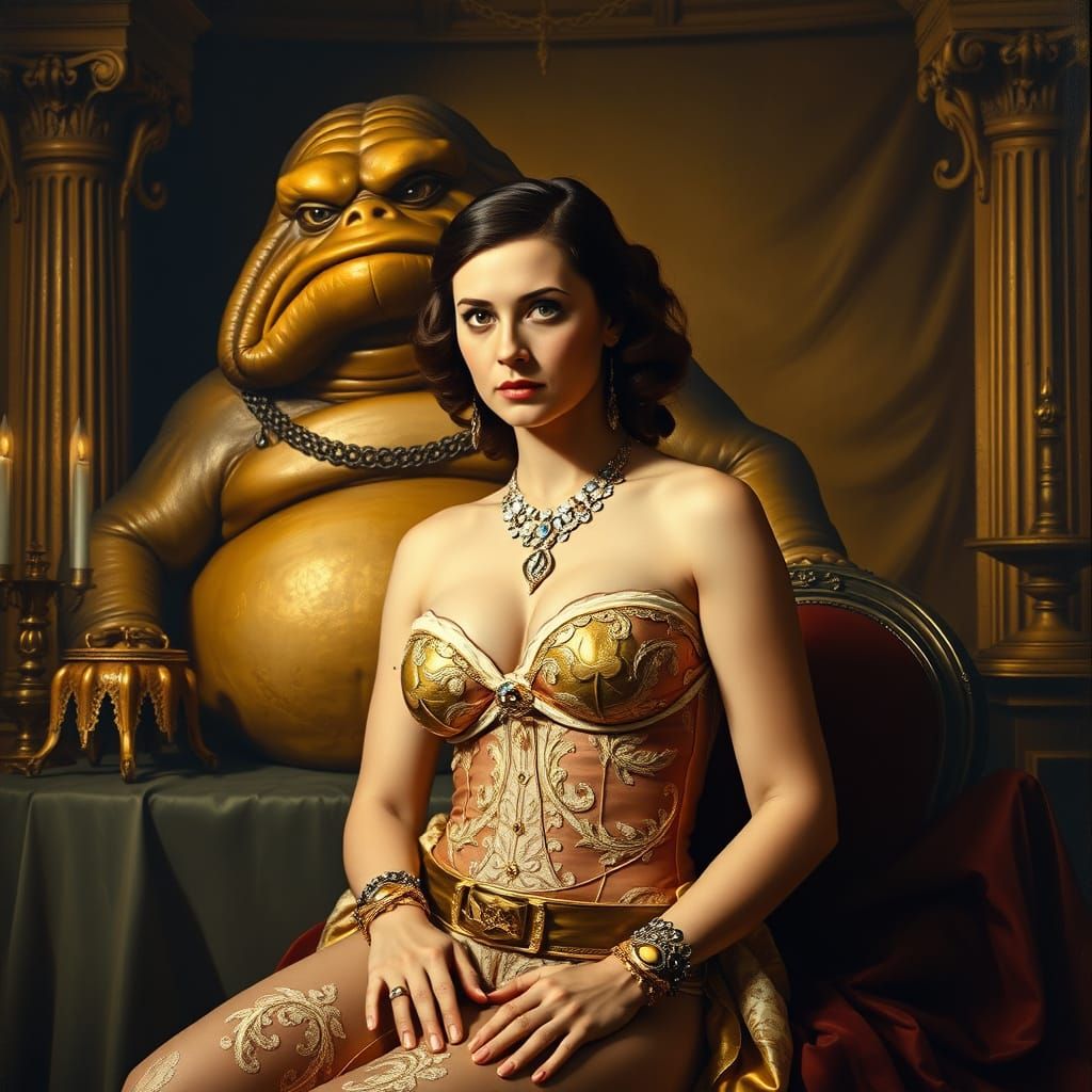 Regal Princess Leia in Gold Bikini, Renaissance-Style Portra...
