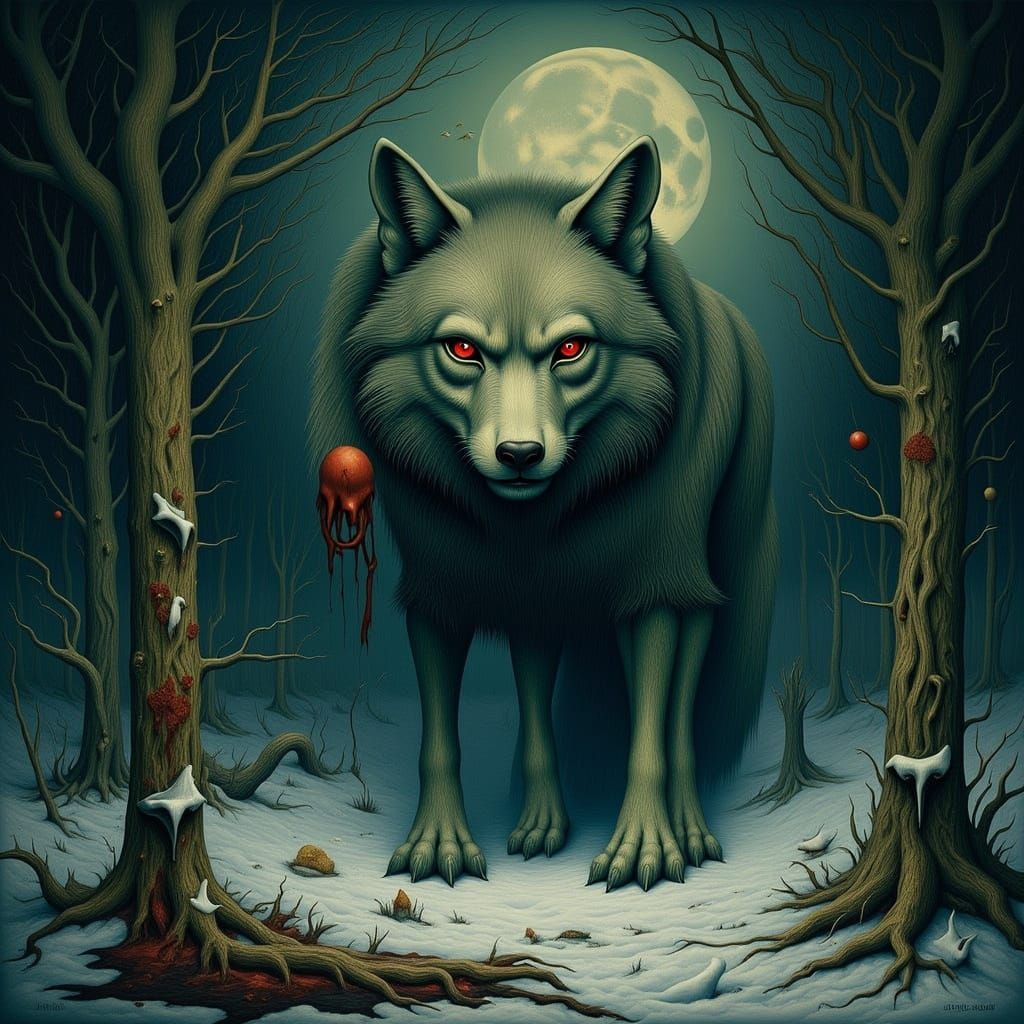 Feral Wolf in Surreal Nightmare Dreamscape