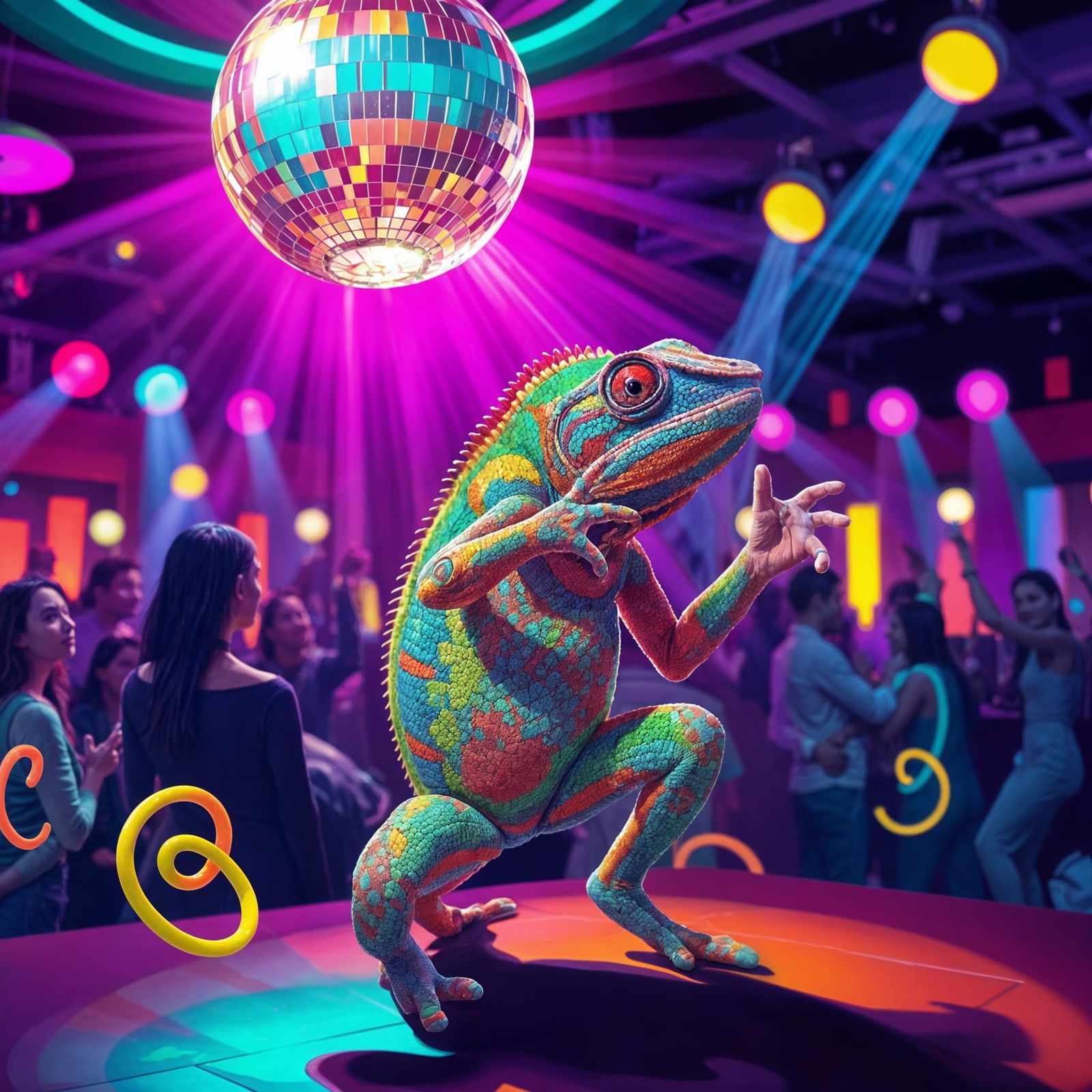 Happy Chameleon Dancing in a Club with Disco Ball